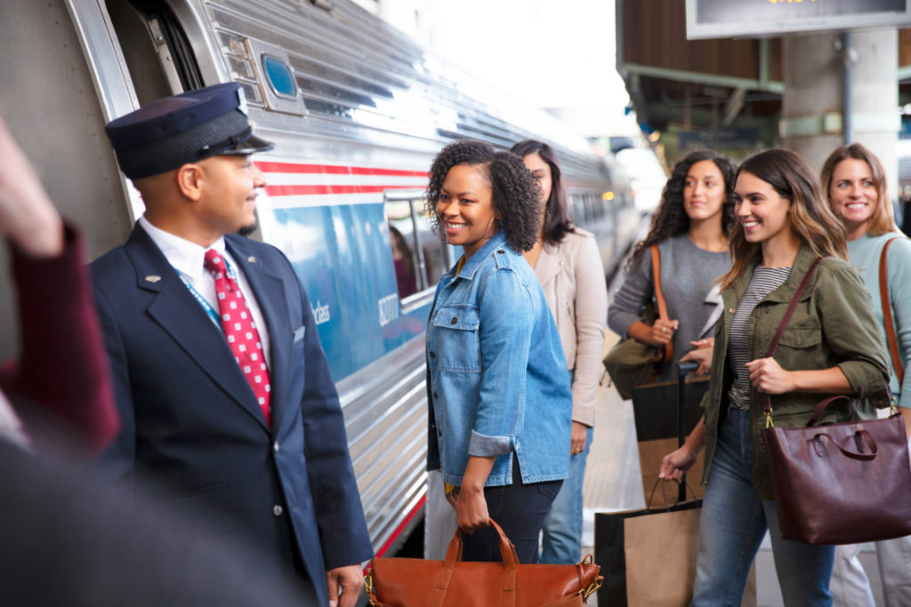 Women preparing to board Amtrak train